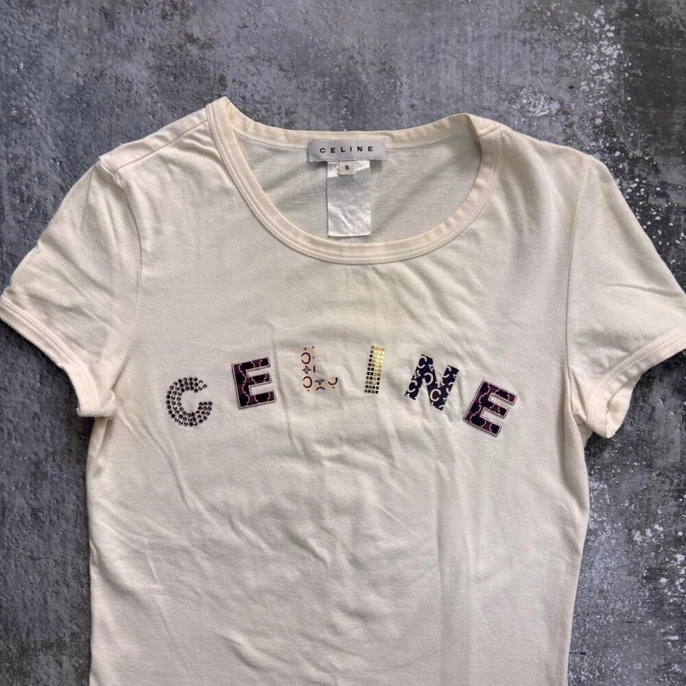 Celine White Logo Baby Tee. Size Small - Picture 2 of 5
